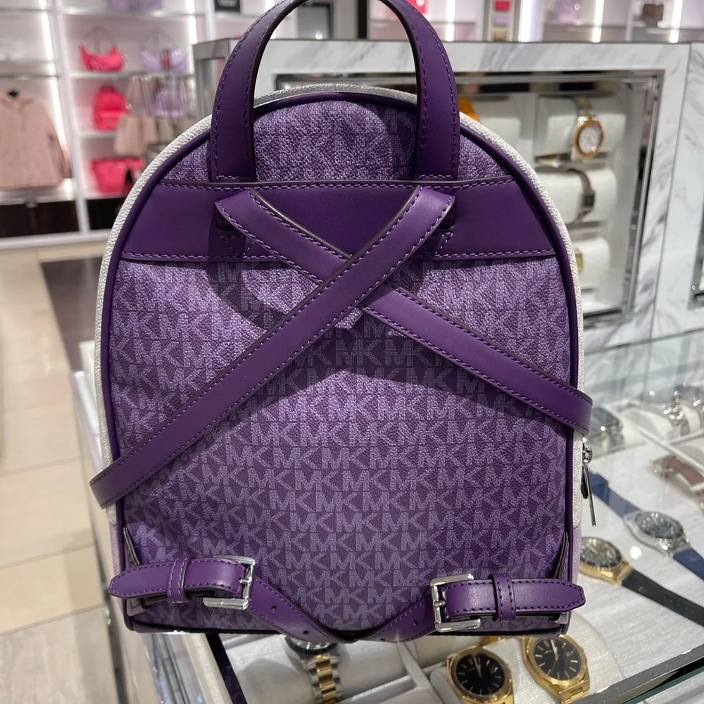 MICHAEL KORS Rhea Medium Zip Color-Block Signature Logo Backpack Dark Purple MLT